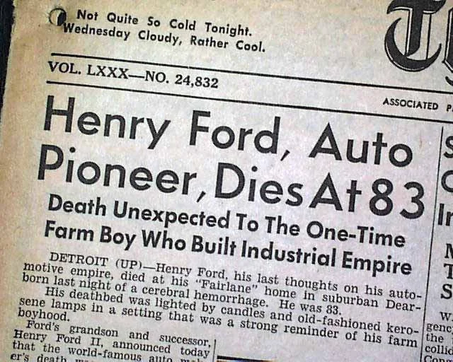 Artikkeli Henry Fordin kuolemasta 1947